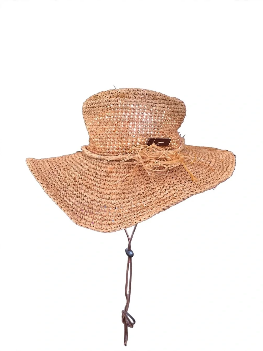 Nine West Natural Raffia Straw Wide Brim Floppy Hat - Brown Chin Strap
